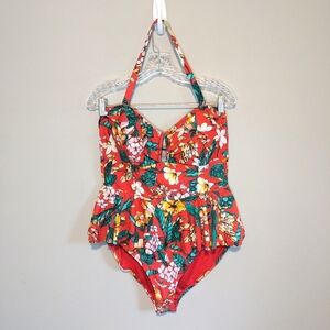 NWOT Forever 21 Red Floral Peplum One piece Swimsuit, size 2X